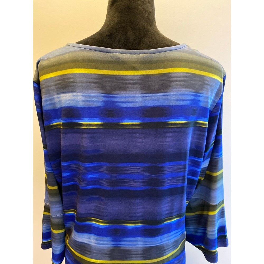 Ellen Tracy Blouse Sz Large Top Blue Green Bell Sleeves Flare Bottom + Stretch - Picture 6 of 10